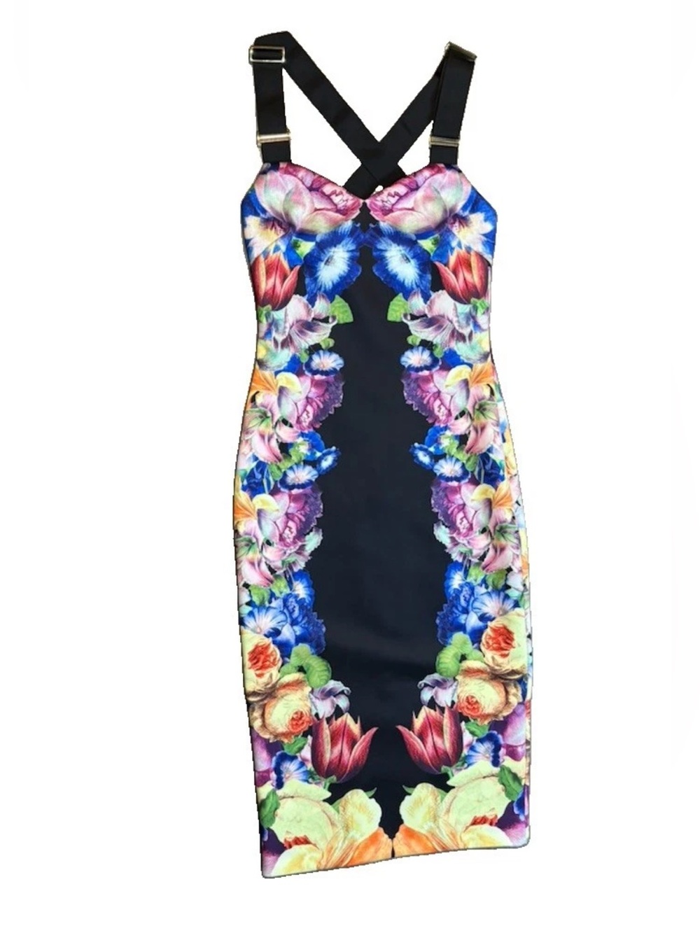 Ted Baker Deony Black Colorful Floral Bodycon Scuba Midi Dress Sz 2 Buckle Strap